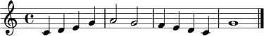 \relative c' { \clef treble \key c \major \time 4/4 c4 d e g | a2 g2 | f4 e d c | g'1 \bar "|." }