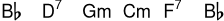 
\new ChordNames \chordmode {
  bes1 |
  d:7 |
  g:m |
  c:m |
  f:7 |
  bes1 |
}
