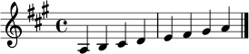 \relative c' { \clef treble \key a \major \time 4/4 a4 b cis d e fis gis a \bar "|." }