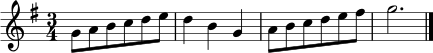 \relative c'' {
\set Staff.midiInstrument = "harpsichord"
\clef treble
\key g \major
\time 3/4
g8 a b c d e | d4 b g | a8 b c d e fis | g2. \bar "|."
}