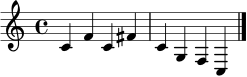 \relative c' { \time 4/4 c4 f c fis c g f c \bar "|." }