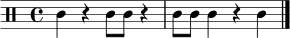
\relative c' { \clef percussion \time 4/4 c4 r c8 c r4 | c8 c c4 r c \bar "|." }
