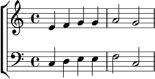 \new ChoirStaff <<
\new Staff {
\relative c' {
\key c \major
\time 4/4
e4 f g g | a2 g2
}
}
\new Staff {
\clef bass
\relative c {
\key c \major
\time 4/4
c4 d e e | f2 c2
}
}
>>
