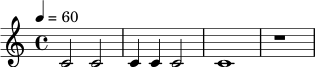 \relative c' {
\time 4/4
\tempo 4 = 60
c2 c |
c4 c c2 |
c1 |
r1
}