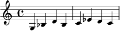 \relative c' {
\time 4/4
g4 bes d bes | c4 ees d c |
}