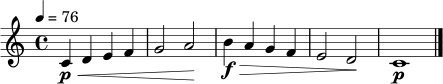 \relative c' { \time 4/4 \tempo 4 = 76 c4\p\< d e f | g2 a2\! | b4\f\> a g f | e2 d2\! | c1\p \bar "|." }