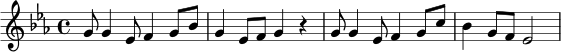 \relative c' {
\time 4/4
\key c \minor
g'8 g4 ees8 f4 g8 bes |
g4 ees8 f g4 r4 |
g8 g4 ees8 f4 g8 c |
bes4 g8 f ees2 |
}