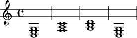 
\new Staff {
  \key c \major
  \time 4/4
  <c e g>1 | <f a c'>1 | <g b d'>1 | <c e g>1
}
