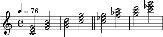 \version "2.22.0"
\score {
\new Staff \relative c' {
\time 4/4 \tempo 4=76
<c e g>2 <f a c> | <g b d> <c e g> |
\bar "||"
<c ees g>2 <f aes c> | <g b d> <c ees g> |
}
\layout {}
\midi {}
}