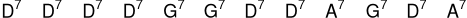 
\new ChordNames \chordmode {
  d1:7 | d:7 | d:7 | d:7 |
  g:7 | g:7 | d:7 | d:7 |
  a:7 | g:7 | d:7 | a:7 |
}
