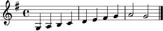\relative c' {
\clef treble
\key g \major
\time 4/4
g4 a b c |
d e fis g |
a2 g2 \bar "|."
}