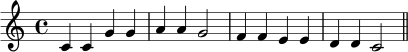 
\relative c' {
  \key c \major
  \time 4/4
  c4 c g' g | a a g2 | f4 f e e | d d c2 | \bar "||"
}
