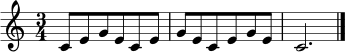 \relative c' { \time 3/4 \key c \major c8 e g e c e g e c e g e c2. \bar "|." }