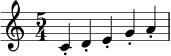 \relative c' {
\time 5/4
c4-. d-. e-. g-. a-. |
}