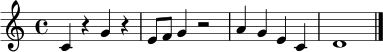 \relative c' {
\clef treble
\key c \major
\time 4/4
c4 r g' r | e8 f g4 r2 | a4 g e c | d1 \bar "|."
}