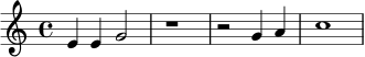 
\relative c' {
  \key c \major
  \time 4/4
  e4 e g2 | r1 | r2 g4 a | c1
}
