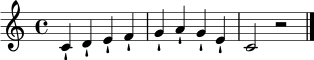 \relative c' { \time 4/4 c4-! d-! e-! f-! | g4-! a-! g-! e-! | c2 r2 \bar "|." }