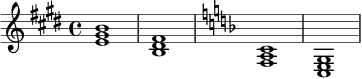 \relative c' {
\time 4/4
\key e \major
<e gis b>1 |
<b dis fis>1 |
\key f \major
<f a c>1 |
<c e g>1 |
}