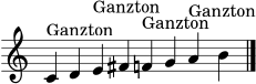 \version "2.24.0"
\language "deutsch"
\header { tagline = ##f }
\score {
\new Staff \with { \remove "Time_signature_engraver" } {
\clef treble
\cadenzaOn
c'4^\markup { "Ganzton" } d' e'^\markup { "Ganzton" } fis' f'^\markup { "Ganzton" } g' a'^\markup { "Ganzton" } h'
\bar "|."
}
\layout { }
\midi { \tempo 4 = 80 }
}