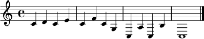 \relative c' { \clef treble \time 4/4 c4 d c e | c4 f c g | c,4 a' c, b' | c,1 \bar "|." }