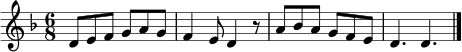 \relative c' {
\clef treble
\key d \minor
\time 6/8
d8 e f g a g | f4 e8 d4 r8 | a'8 bes a g f e | d4. d \bar "|."
}