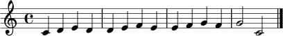 \relative c' {
\key c \major
\time 4/4
c4 d e d | d e f e | e f g f | g2 c, \bar "|."
}
