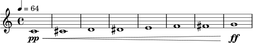 \relative c' {
\tempo 4 = 64
\time 4/4
c1\pp\<
cis1
d1
dis1
e1
f1
fis1
g1\ff
}