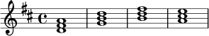 \relative d' { \key d \major \time 4/4 <d fis a>1 | <g b d> | <b d fis> | <a cis e> | }