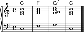 
<<
  \new ChordNames \chordmode {
    c1 f g:7 c
  }
  \new PianoStaff <<
    \new Staff {
      \key c \major
      \time 4/4
      <e' g' c''>1 | <f' a' c''> | <f' g' b' d''> | <e' g' c''> \bar "|."
    }
    \new Staff {
      \clef bass
      \key c \major
      \time 4/4
      c1 | f | g | c \bar "|."
    }
  >>
>>
