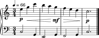 \version "2.22.0"
\paper { ragged-right = ##t }
\score {
\new PianoStaff <<
\new Staff = "RH" \relative c'' {
\clef treble
\time 3/4
\tempo 4 = 66
e4\p g\< c | b a g\!\mf | f4\> e d | c2.\!\p \bar "|."
}
\new Staff = "LH" \relative c {
\clef bass
\time 3/4
c2 g4 | e2 g4 | f2 g4 | c2. |
}
>>
\layout { }
\midi { }
}