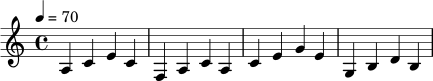 \relative c' {
\key a \minor
\time 4/4
\tempo 4 = 70
a4 c e c |
f,4 a c a |
c4 e g e |
g,4 b d b |
}