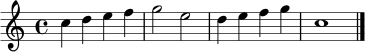 
\relative c'' {
  \clef treble
  \key c \major
  \time 4/4
  c4 d e f | g2 e | d4 e f g | c,1 \bar "|."
}
