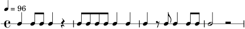 \version "2.24.0"
\score {
\new RhythmicStaff {
\tempo 4 = 96
c4 c8 c c4 r4 | c8 c c8 c c4 c4 | c4 r8 c c4 c8 c | c2 r2 |
}
\layout { }
\midi { }
}