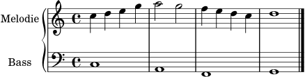 \version "2.24.0"
\score {
\new PianoStaff <<
\new Staff \with { instrumentName = "Melodie" } \relative c'' { \clef treble \key c \major \time 4/4 c4 d e g | a2 g | f4 e d c | d1 \bar "|." }
\new Staff \with { instrumentName = "Bass" } \relative c { \clef bass \key c \major \time 4/4 c1 | a | f | g \bar "|." }
>>
\layout { }
\midi { }
}