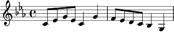 \relative c' {
\key c \minor
\time 4/4
c8 ees g ees c4 g' |
f8 ees d c bes4 g |
}