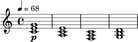 \relative c' {
\tempo 4 = 68
\time 4/4
<c e g>1\p |
<a c e>1 |
<f a c>1 |
<g b d>1 |
}