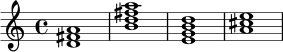 
\chordmode {
  \time 4/4
  d1 b:m7 e:m7 a1
}
