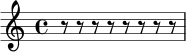 \relative c' { \time 4/4 r8 r8 r8 r8 r8 r8 r8 r8 }