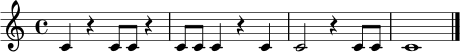 \relative c' { \time 4/4 c4 r c8 c r4 | c8 c c4 r c | c2 r4 c8 c | c1 \bar "|." }