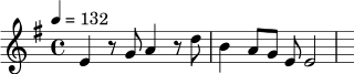 \relative c' {
\key e \minor
\time 4/4
\tempo 4 = 132
e4 r8 g8 a4 r8 d8 |
b4 a8 g8 e8 e2 |
}