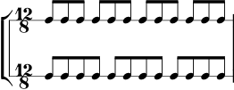 
\new StaffGroup <<
  \new RhythmicStaff {
    \time 12/8
    c8[ c c] c[ c c] c[ c c] c[ c c] |
  }
  \new RhythmicStaff {
    \time 12/8
    c8[ c c c] c[ c c c] c[ c c c] |
  }
>>
