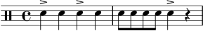 
\header { tagline = "" }
\score {
  \new DrumStaff \drummode {
    \time 4/4
    sn4-> sn sn-> sn |
    sn8 sn sn sn sn4-> r4 |
  }
  \layout { }
  \midi { \tempo 4 = 88 }
}

