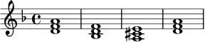 \relative c' {
\key d \minor
\time 4/4
<d f a>1 |
<bes d f>1 |
<a cis e>1 |
<d f a>1 |
}
