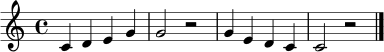 \relative c' { \clef treble \key c \major \time 4/4 c4 d e g | g2 r2 | g4 e d c | c2 r2 | \bar "|." }
