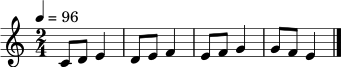 \relative c' {
\key c \major
\time 2/4
\tempo 4 = 96
c8 d e4 | d8 e f4 | e8 f g4 | g8 f e4 \bar "|."
}