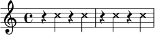
\relative c'' {
  \time 4/4
  \override NoteHead.style = #'cross
  r4 c r c |
  r4 c r c |
}
