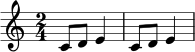 \relative c' { \clef treble \time 2/4 c8 d e4 | c8 d e4 | }
