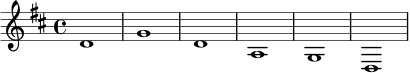 \relative c' { \key d \major \time 4/4 d1 | g | d | a | g | d | }