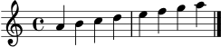 \score {
\new Staff {
\clef treble
\key a \minor
\time 4/4
a'4 b' c'' d'' e'' f'' g'' a'' \bar "|."
}
\layout { }
\midi { \tempo 4 = 76 }
}