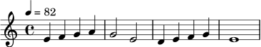 \relative c' {
\key c \major
\time 4/4
\tempo 4 = 82
e4 f g a | g2 e |
d4 e f g | e1 |
}